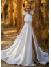 High Neck Ivory Satin Slit Sexy Wedding Dress